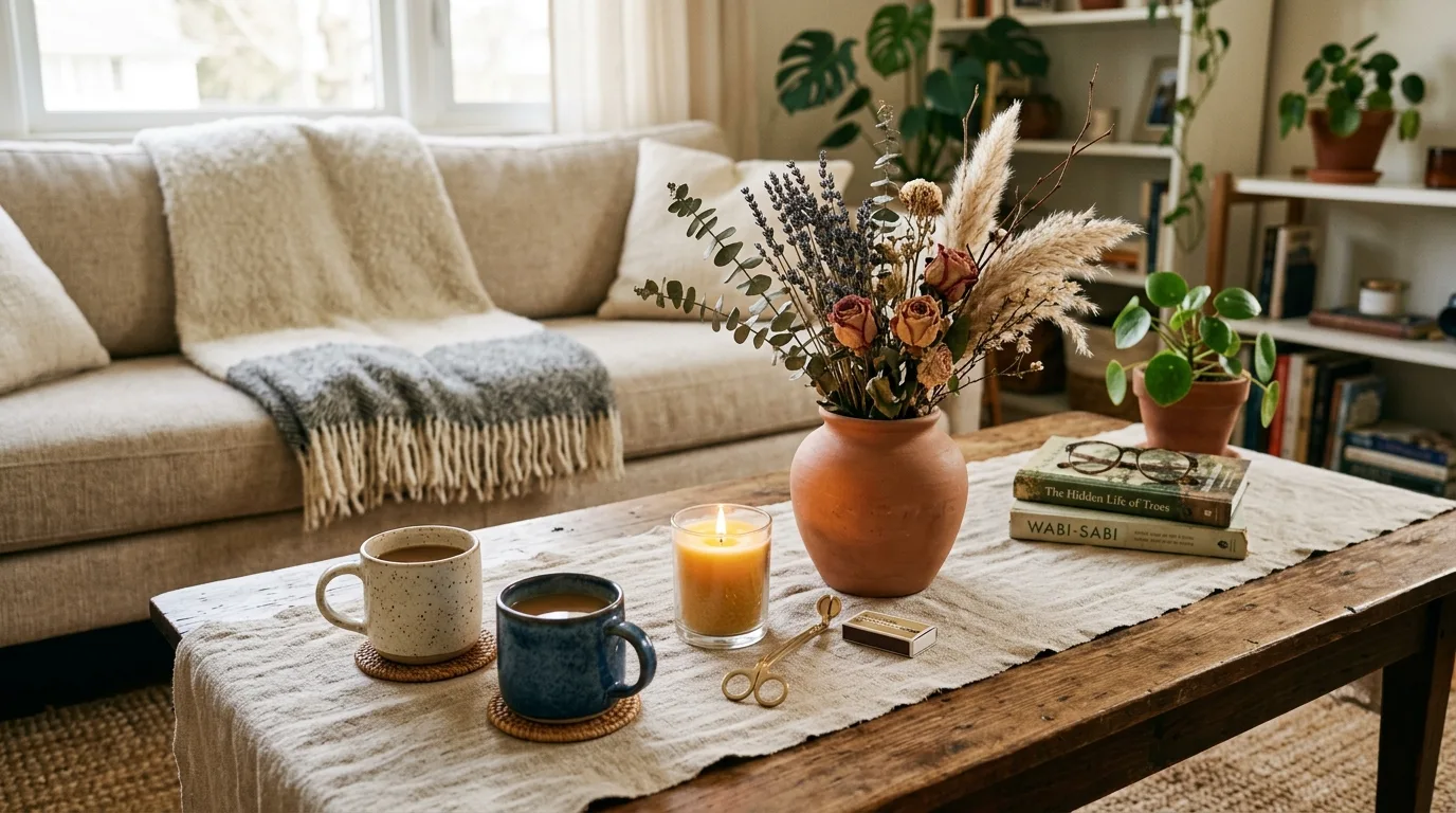 Use candles to soften the arrangement inspiration for a coffee table centerpiece.